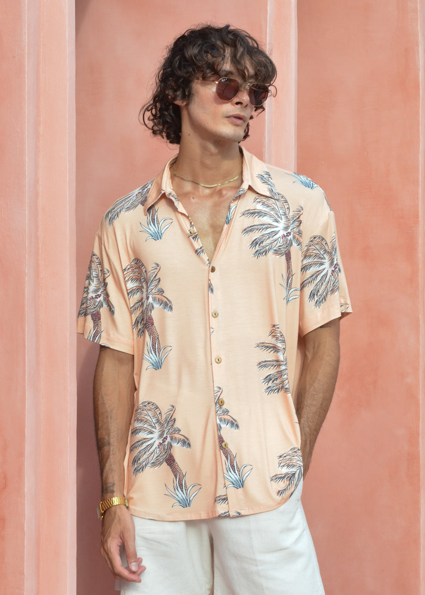 Windy Palms Hawaiian Shirt - In Peachy Cream – Tropical Black